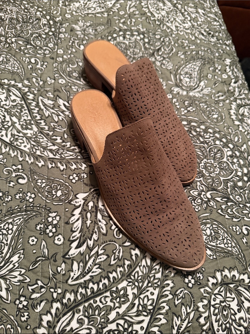 Crown Vintage Taupe Brown Perforated Slip-On Mules